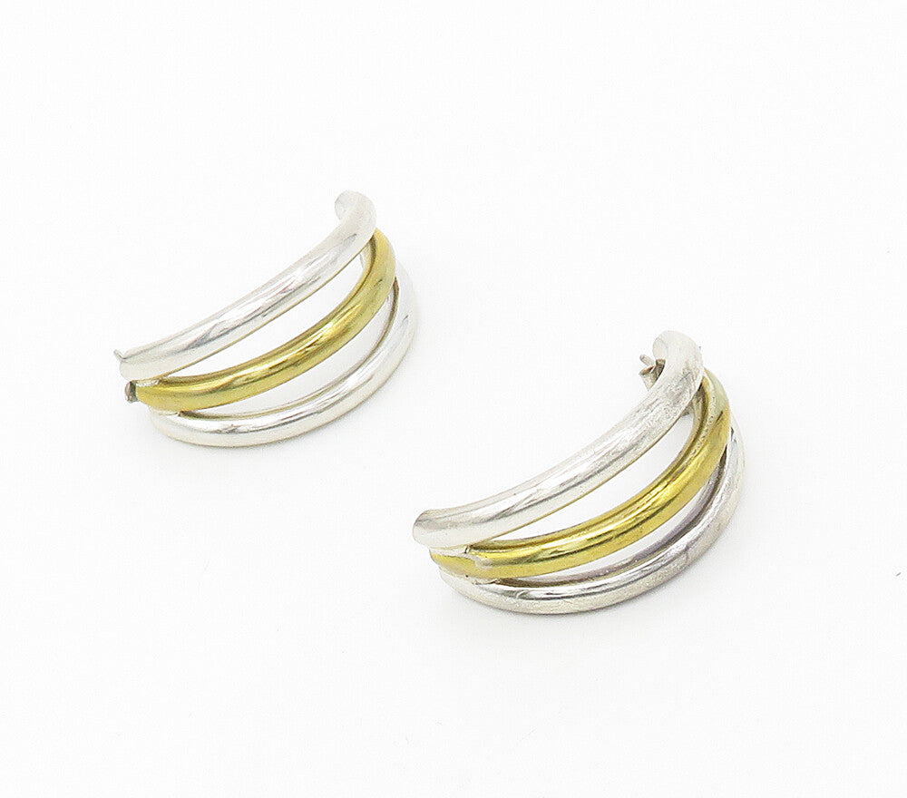 925 Sterling Silver  Vintage Shiny 2 Tone Hollow Tube JHoop Earrings  EG8712