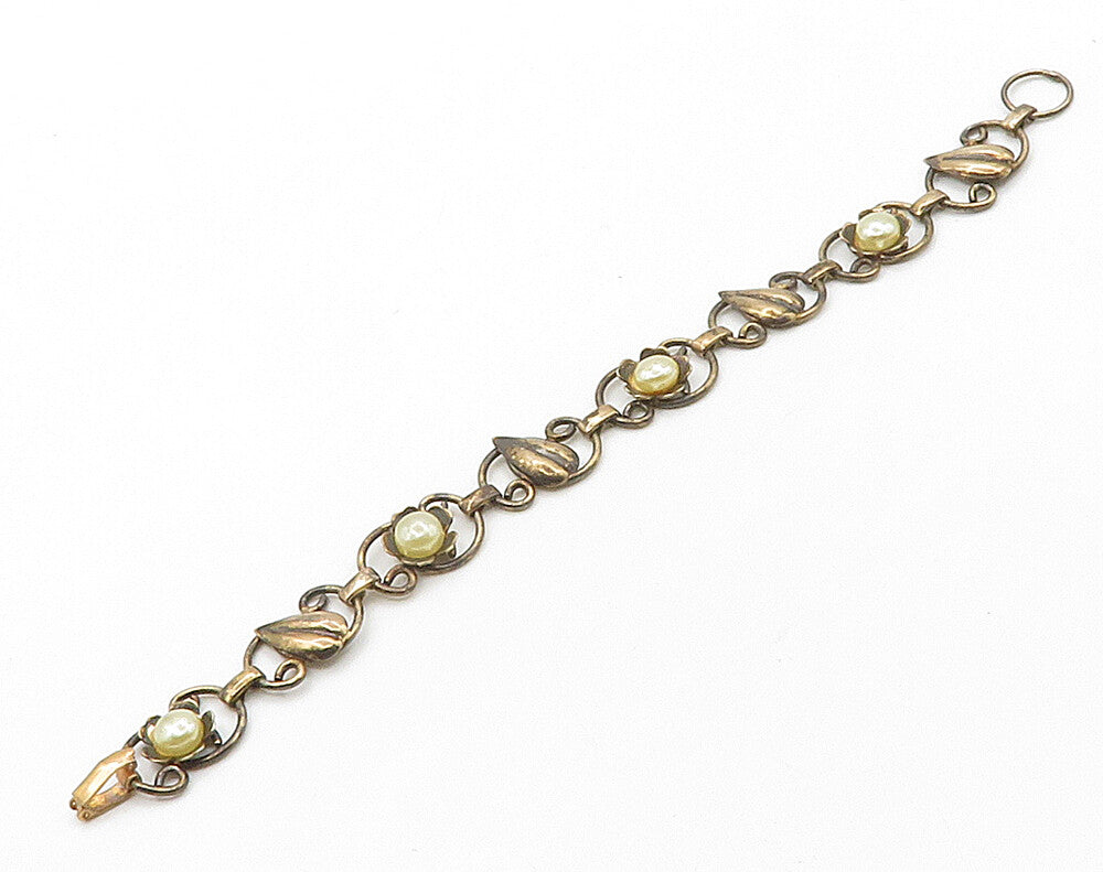 925 Sterling Silver  Vintage Freshwater Pearls Floral Chain Bracelet  BT6362
