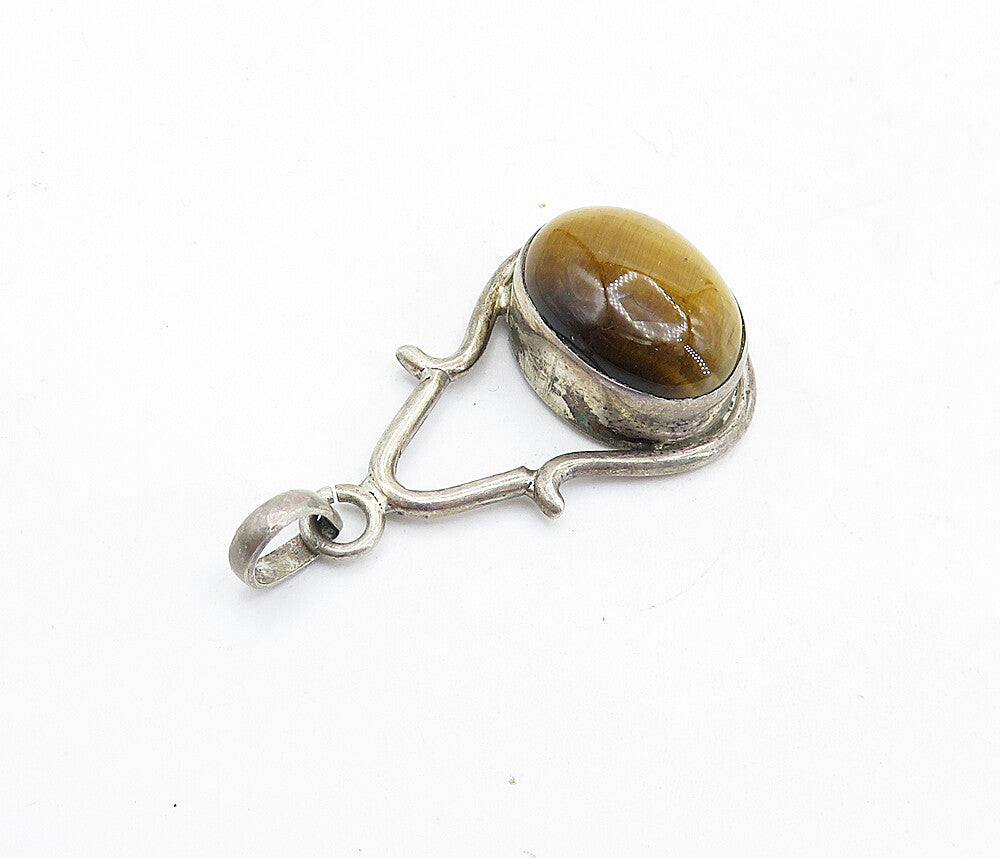 925 Sterling Silver Vintage Cabochon Cut Tiger's Eye Oval Pendant PT4600