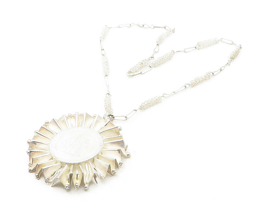 Solid Silver Vintage Heavy Floral Framed Coin Pendant Chain Necklace  NE2899