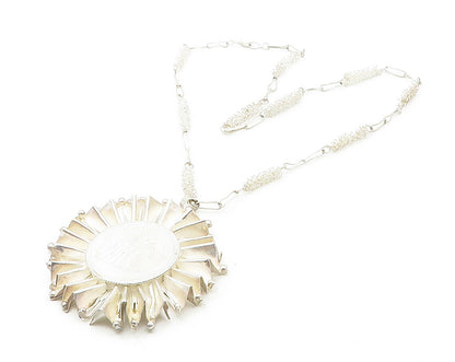 Solid Silver Vintage Heavy Floral Framed Coin Pendant Chain Necklace  NE2899