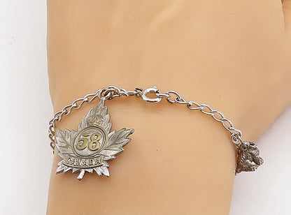 925 Sterling Silver  Vintage Two Tone Autumn Leaf Charm Chain Bracelet  BT1474