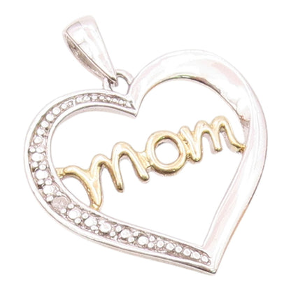 925 Silver  Vintage Genuine Diamond Two Tone MOM Love Heart Pendant  PT20704