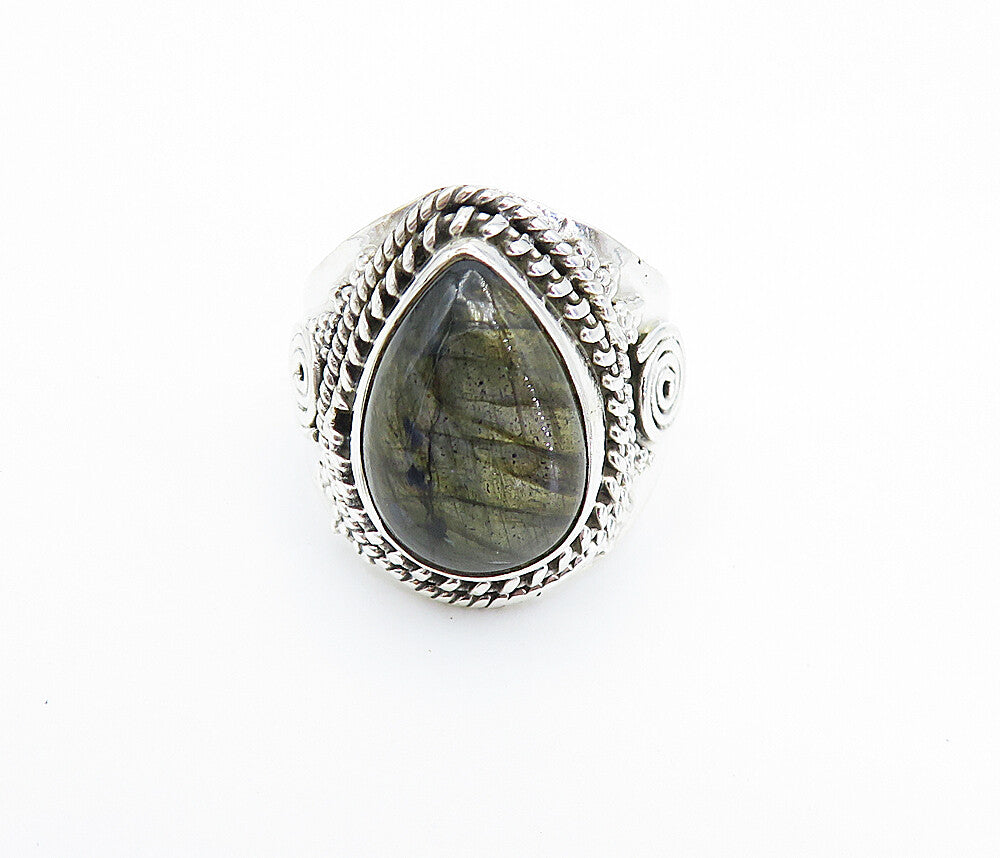925 Sterling Silver  Cabochon Labradorite Tear Drop Cocktail Ring Sz 6  RG8074