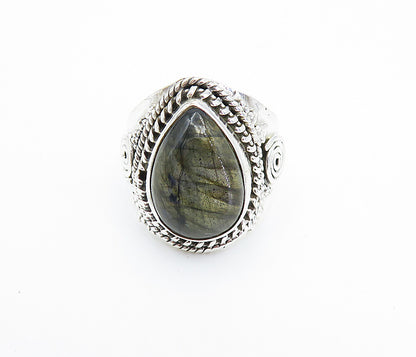 925 Sterling Silver  Cabochon Labradorite Tear Drop Cocktail Ring Sz 6  RG8074