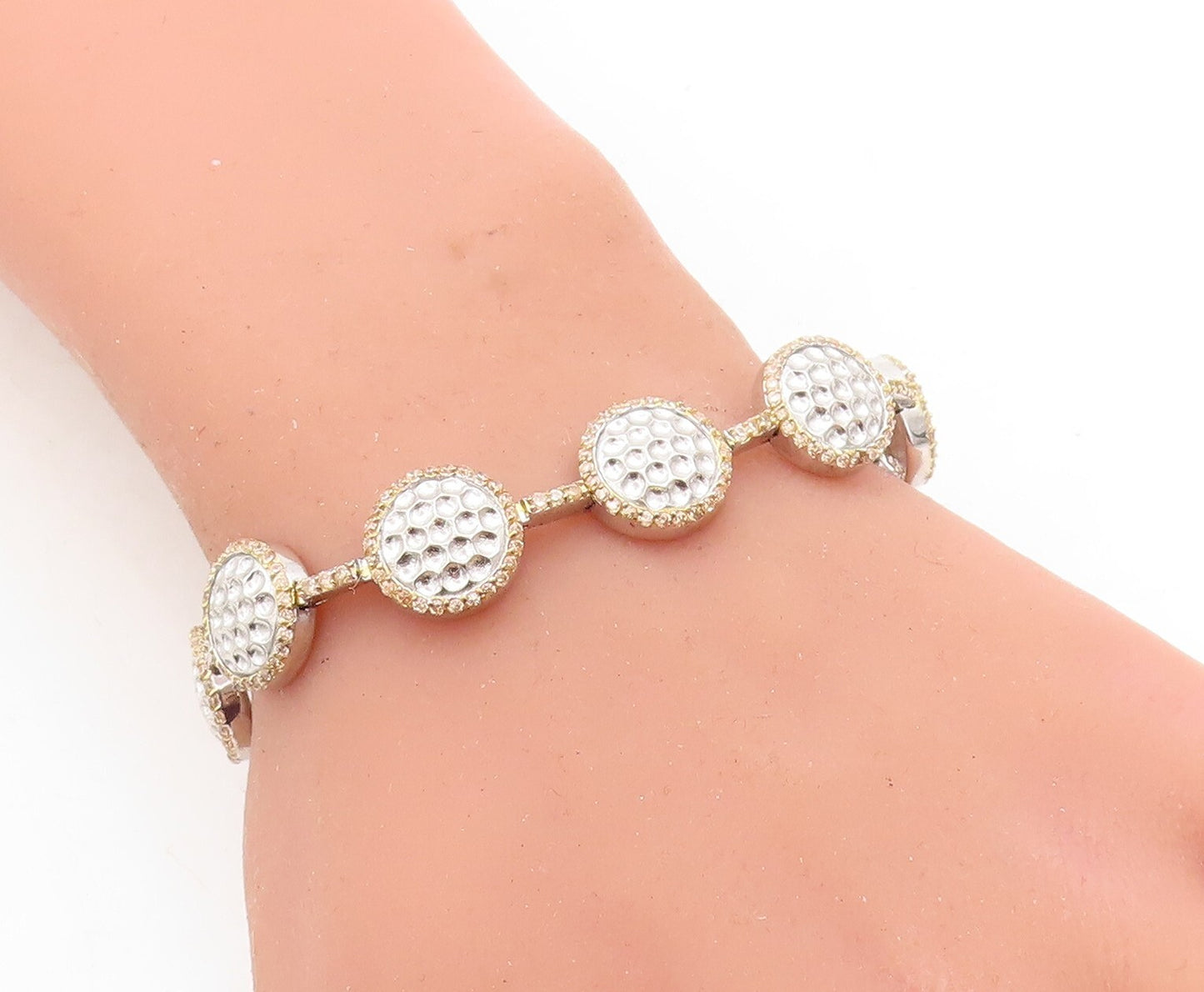 925 Sterling Silver Vintage Shiny Hammered Two Tone Chain Bracelet BT1779
