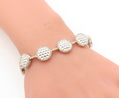 925 Sterling Silver Vintage Shiny Hammered Two Tone Chain Bracelet BT1779