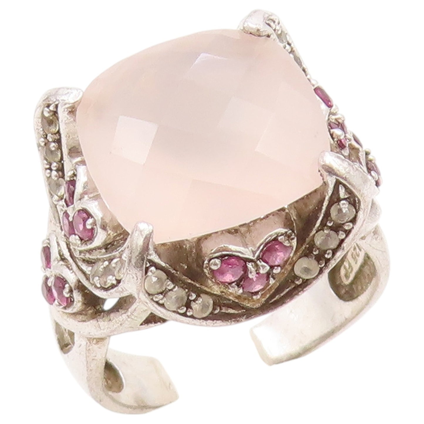 925 Sterling Silver Vintage Ring Rose Quartz & Ruby Statement Band Sz 9 RG36432