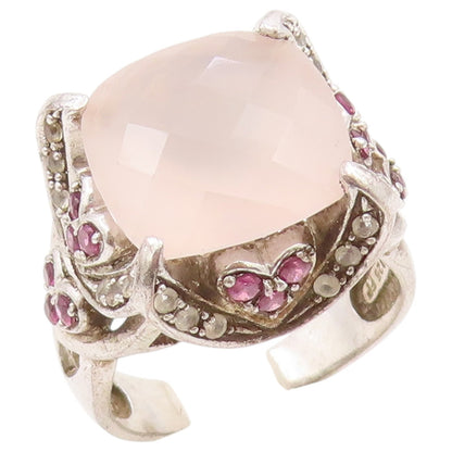 925 Sterling Silver Vintage Ring Rose Quartz & Ruby Statement Band Sz 9 RG36432