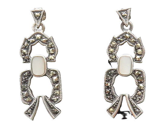 925 Silver  Vintage Designer Marcasite Beaded Onyx Dangling Earrings  EG12667