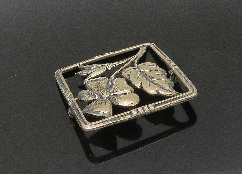 925 Sterling Silver  Vintage Dark Tone Flower Motif Square Brooch Pin  BP8293