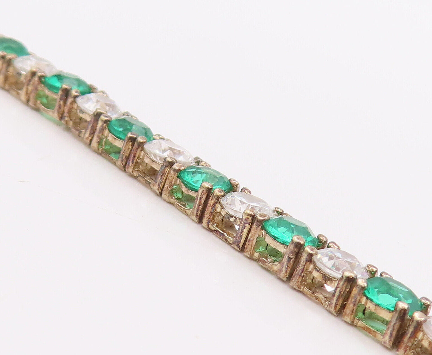 925 Sterling Silver Vintage Bracelet Gold Plated Round Green White Topaz BT10621