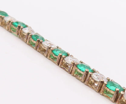 925 Sterling Silver Vintage Bracelet Gold Plated Round Green White Topaz BT10621