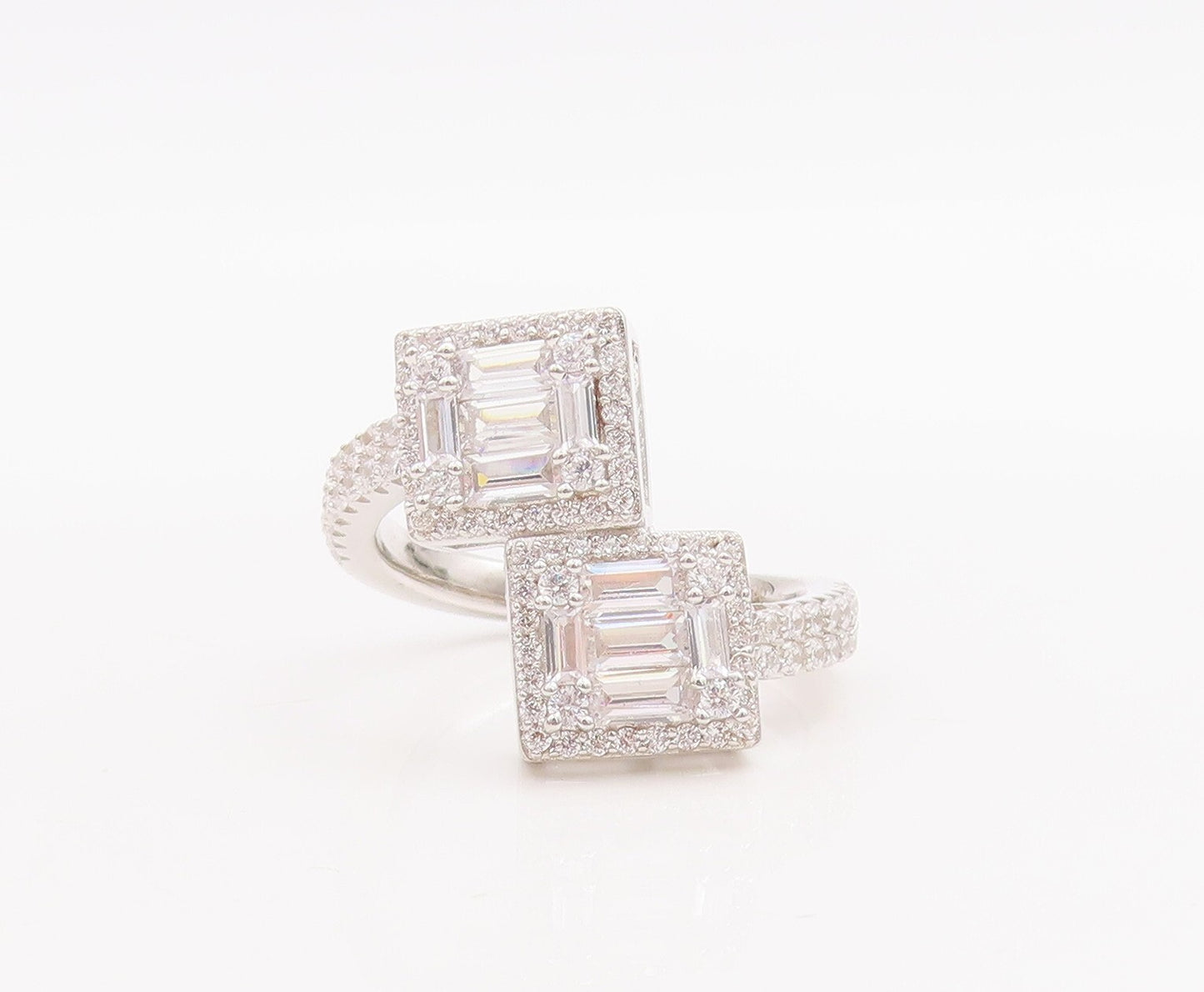 925 Sterling Silver Vintage Ring Square Cut Halo CZ Bypass Band  Sz 7.5  RG29045