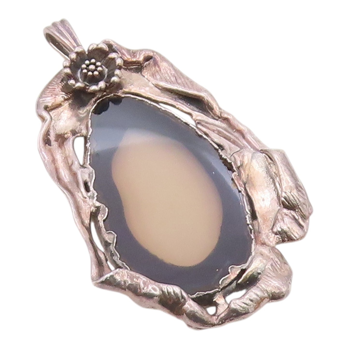 DESIGNER 925 Silver  Vintage Agate Slice Shiny Sculpted Pendant  PT15875