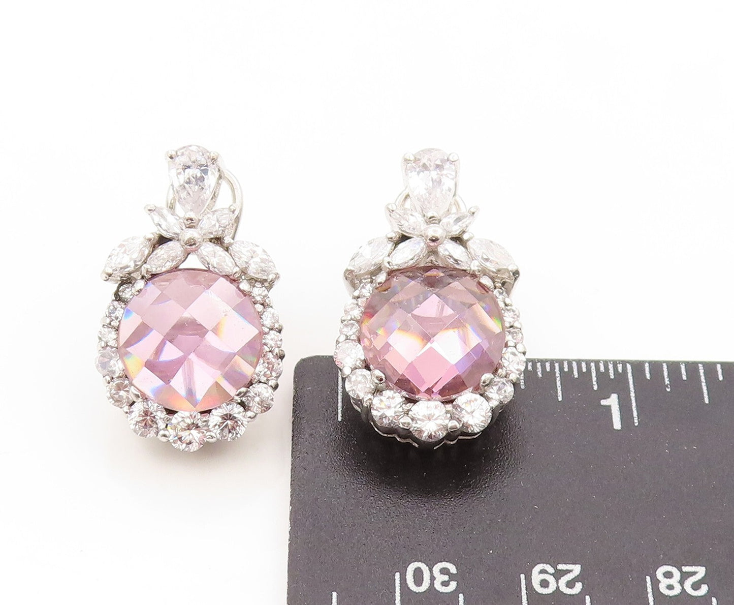925 Sterling Silver Vintage Earrings Round Pink & White CZ Floral Design EG13396