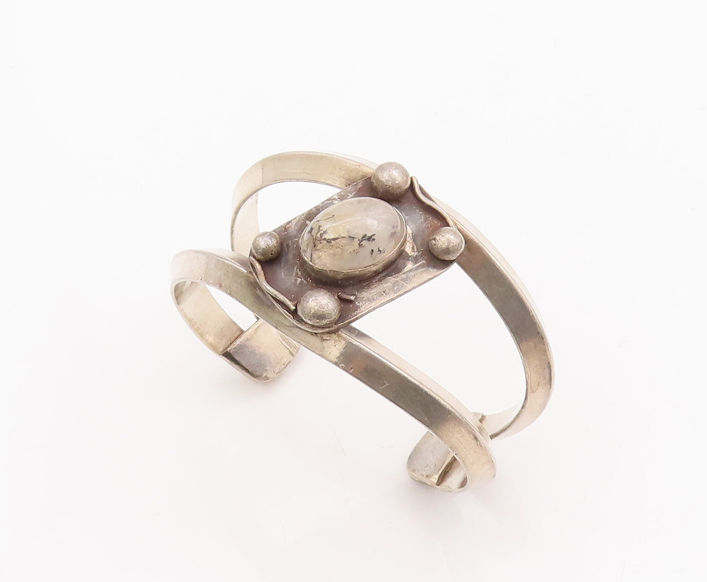 925 Sterling Silver Vintage Bracelet Antique Milky Cabochon Cutout Cuff  BT10524