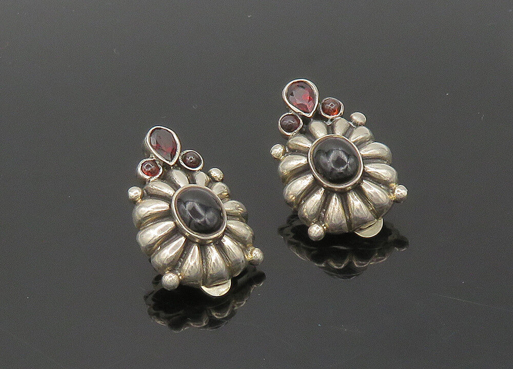 925 Sterling Silver  Vintage Black Onyx & Garnet Non Pierce Earrings  EG9798