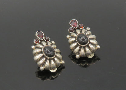 925 Sterling Silver  Vintage Black Onyx & Garnet Non Pierce Earrings  EG9798