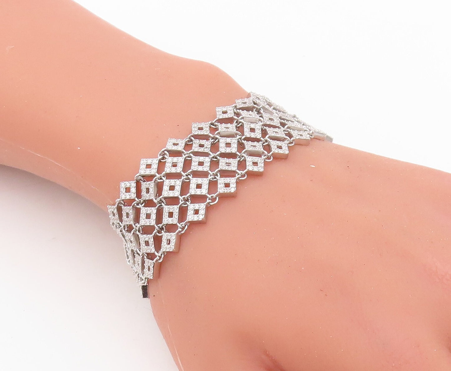 925 Sterling Silver Vintage Bracelet Large Square Net Effect CZ Inlay  BT10750