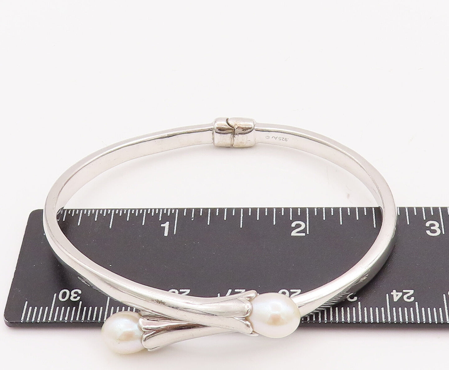 925 Sterling Silver Vintage Bracelet Hinged Solid  Pearls Beaded bypass  BT10317