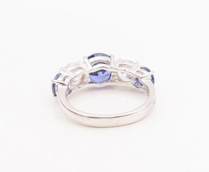 925 Sterling Silver Vintage Ring Round Cut Sapphire & CZ  Sz 7  RG29220