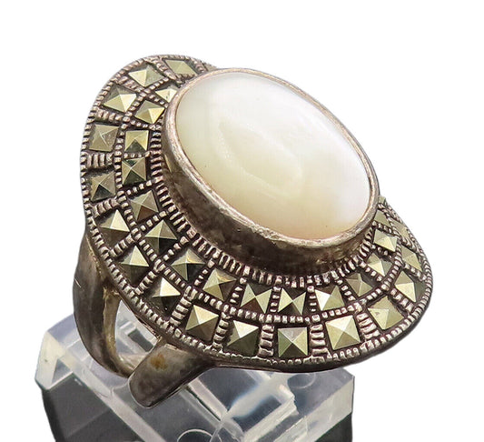 925 Silver  Vintage Oval Abalone Halo Marcasite Large Ring Sz 10.5  RG27097