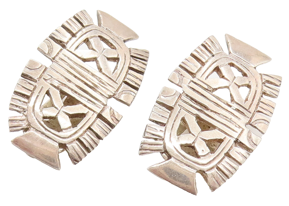 925 Sterling Silver Vintage X Detail & Cutout Edge Clip Back Earrings EG12356