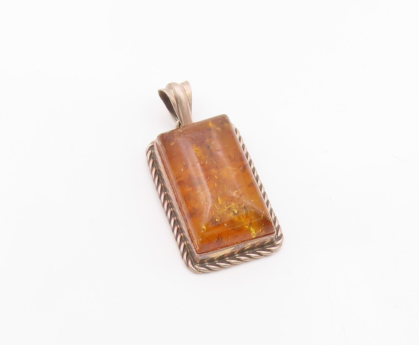 925 Silver  Vintage Rectangular Cabochon Cut Baltic Amber Drop Pendant PT20496