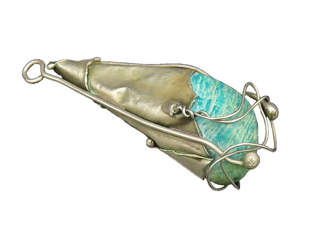 925 Silver  Vintage Modernist Wrapped Green Jasper Stone Cone Pendant  PT21613
