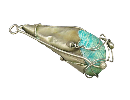 925 Silver  Vintage Modernist Wrapped Green Jasper Stone Cone Pendant  PT21613