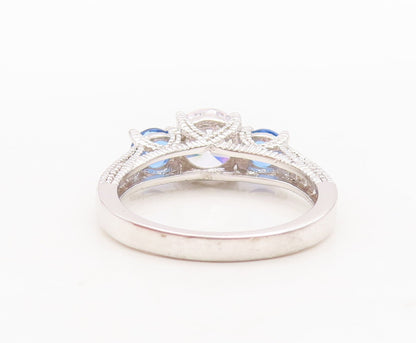 925 Sterling Silver Vintage Ring Round Sapphire & CZ Wedding Ring  Sz 7  RG29460
