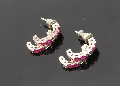 925 Sterling Silver  Vintage Genuine Diamonds & Ruby JHoop Earrings  EG9860