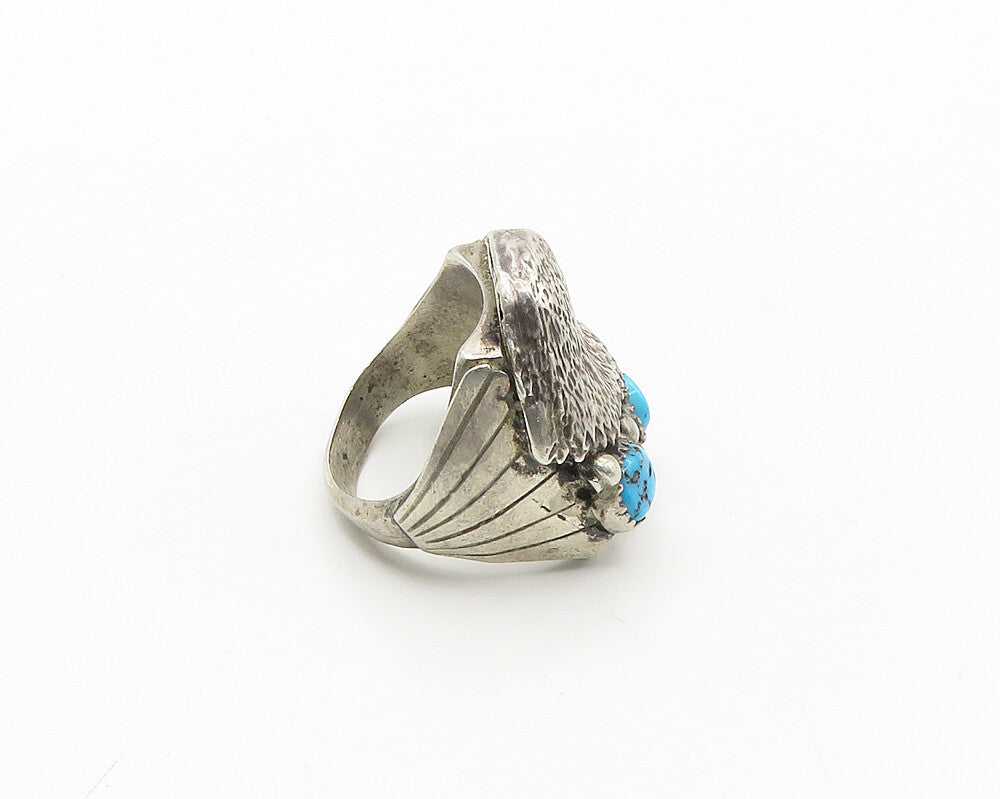 NAVAJO 925 Silver  Vintage Turquoise Eagle Head Band Ring Sz 10.5  RG18324