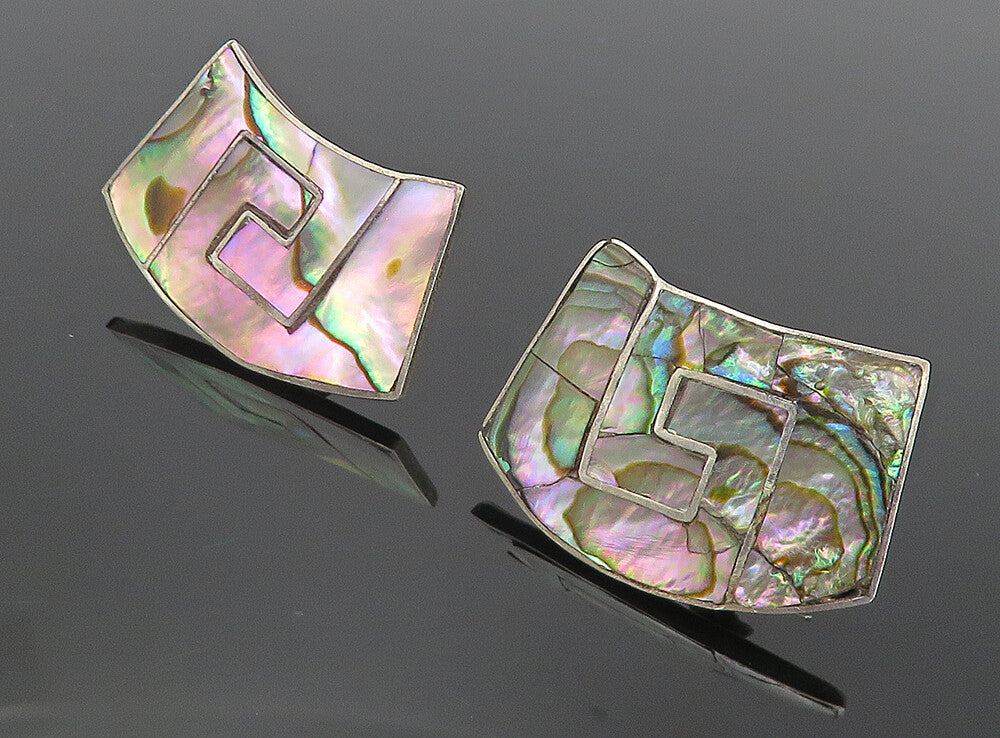 MEXICO 925 Sterling Silver  Vintage Abalone Shell Non Pierce Earrings  EG3854