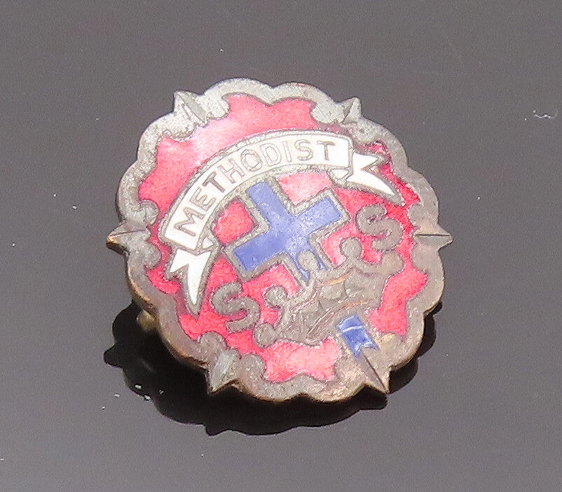 925 Sterling Silver Vintage Brooch Pin Blue Red Enameled Antique Logo  BP10720