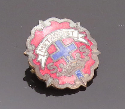 925 Sterling Silver Vintage Brooch Pin Blue Red Enameled Antique Logo  BP10720