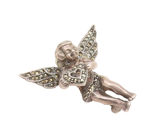925 Sterling Silver Vintage Brooch Pin JUDITH JACK Love Marcasite Angle  BP10538