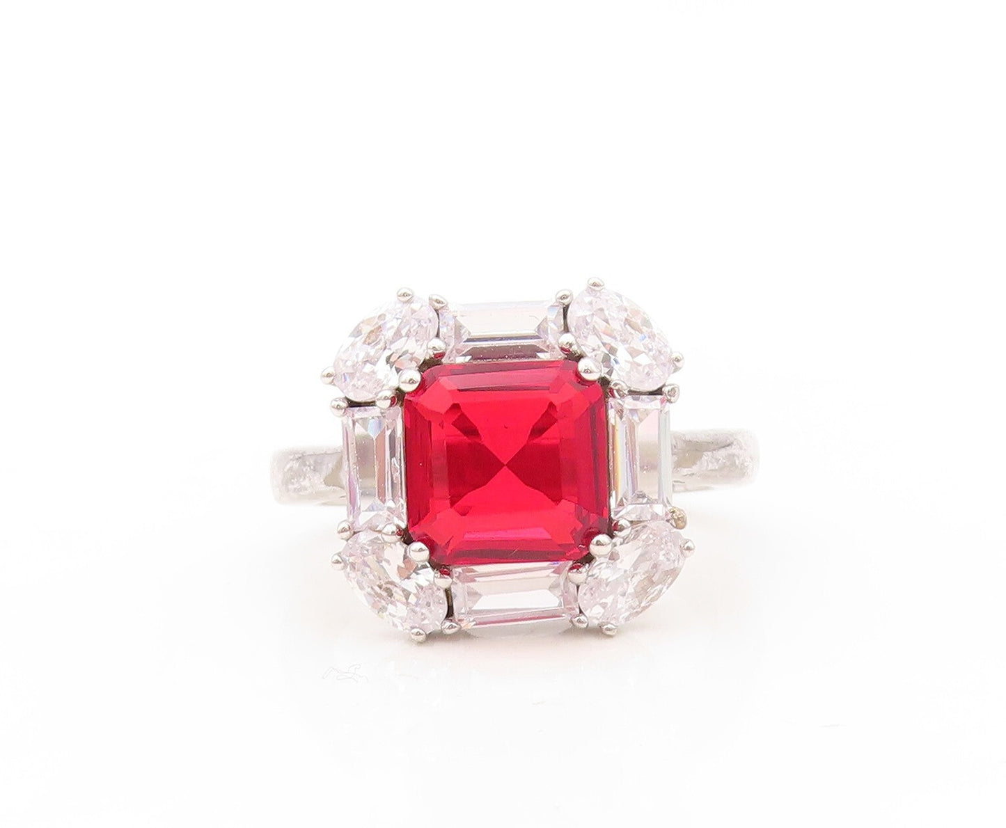 925 Sterling Silver Vintage Ring Square Red Halo White CZ Frame  Sz 7  RG30261