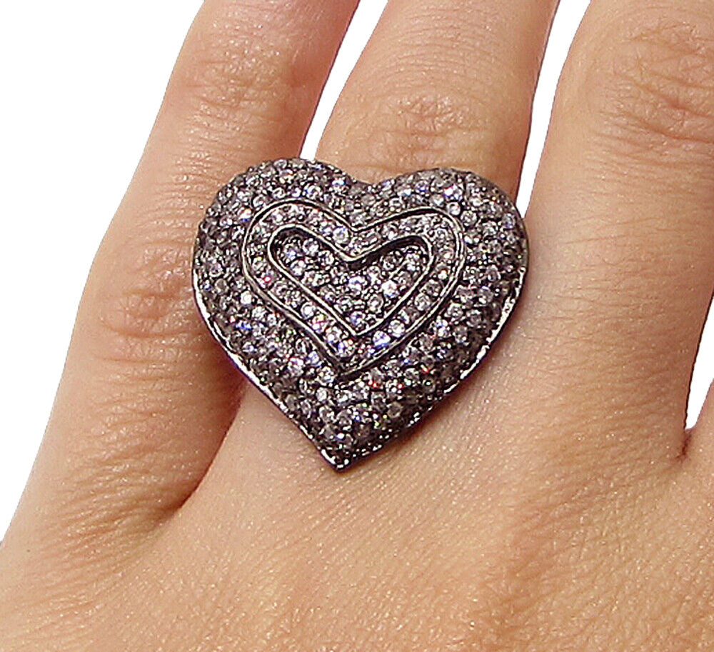 925 Silver  White Cubic Zirconia Dark Tone Love Heart Cluster Ring Sz 6  RG3259