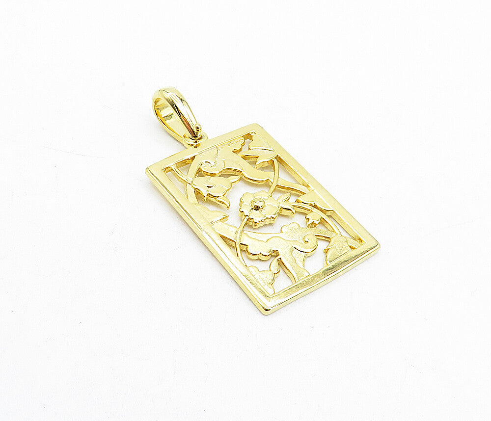 925 Sterling Silver  Shiny Gold Plated Floral Vine Square Drop Pendant  PT3712