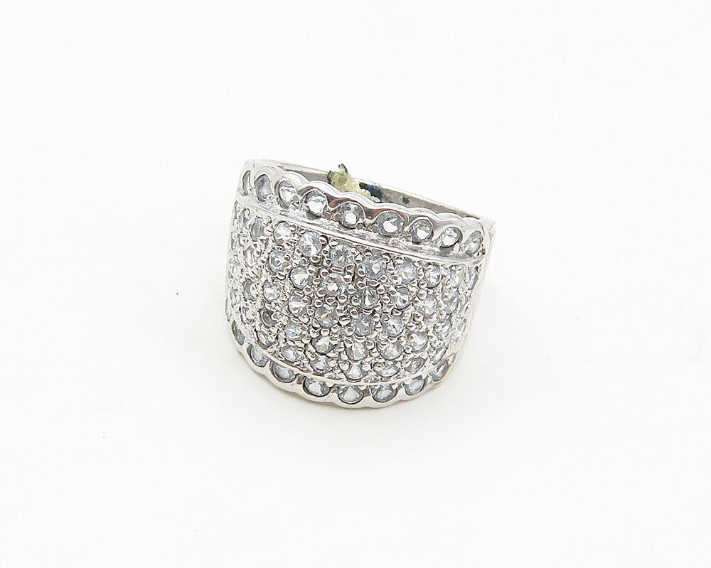 925 Sterling Silver  Aquamarine Encrusted Wavy Trim Band Ring Sz 7  RG17347