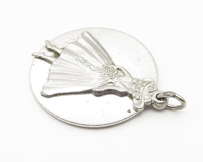925 Sterling Silver  Vintage Shiny Woman In Dress Round Drop Pendant  PT8441