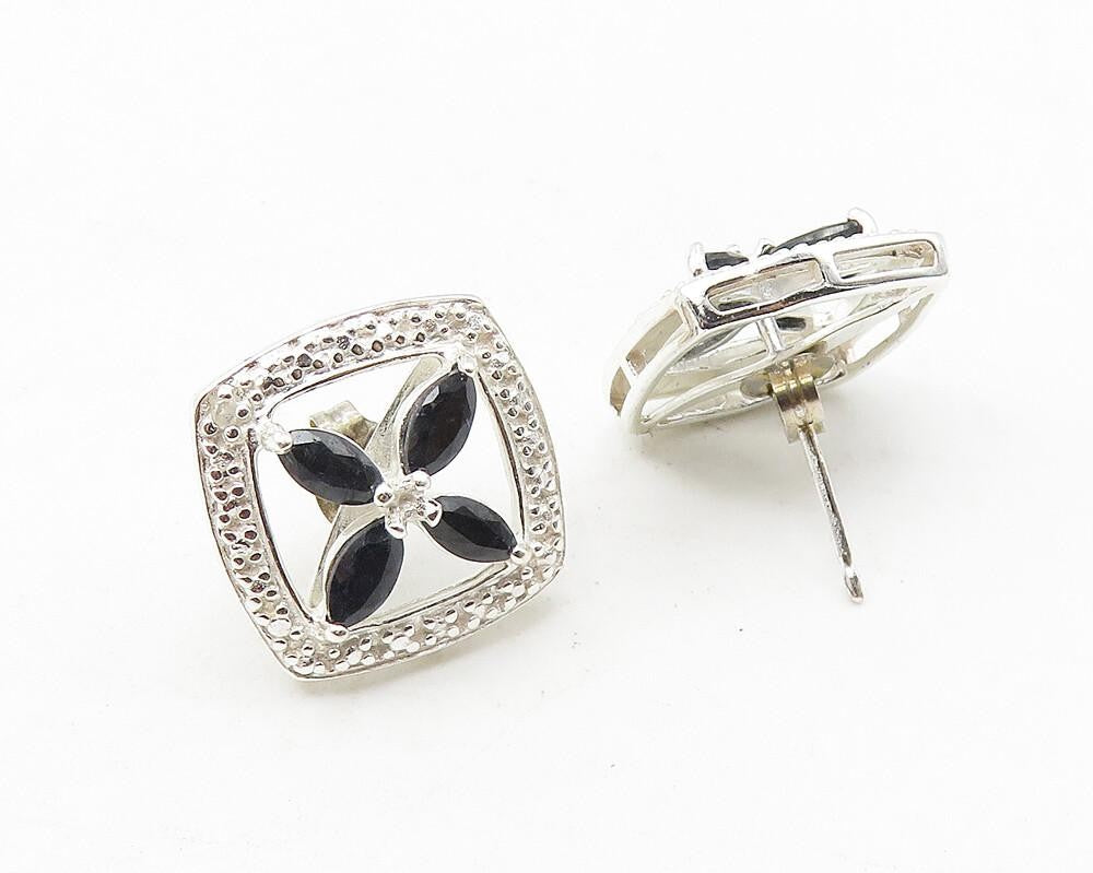 925 Sterling Silver  Petite Hematite Open Flower Motif Stud Earrings  EG5730