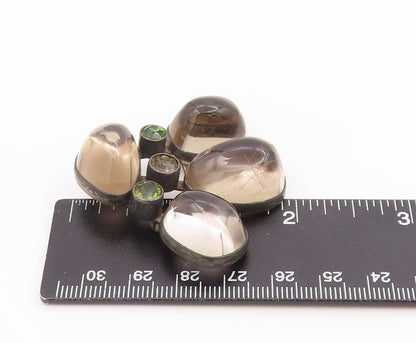 925 Sterling Silver Vintage Brooch Pin Classic Smoky Quartz & Peridot  BP12528