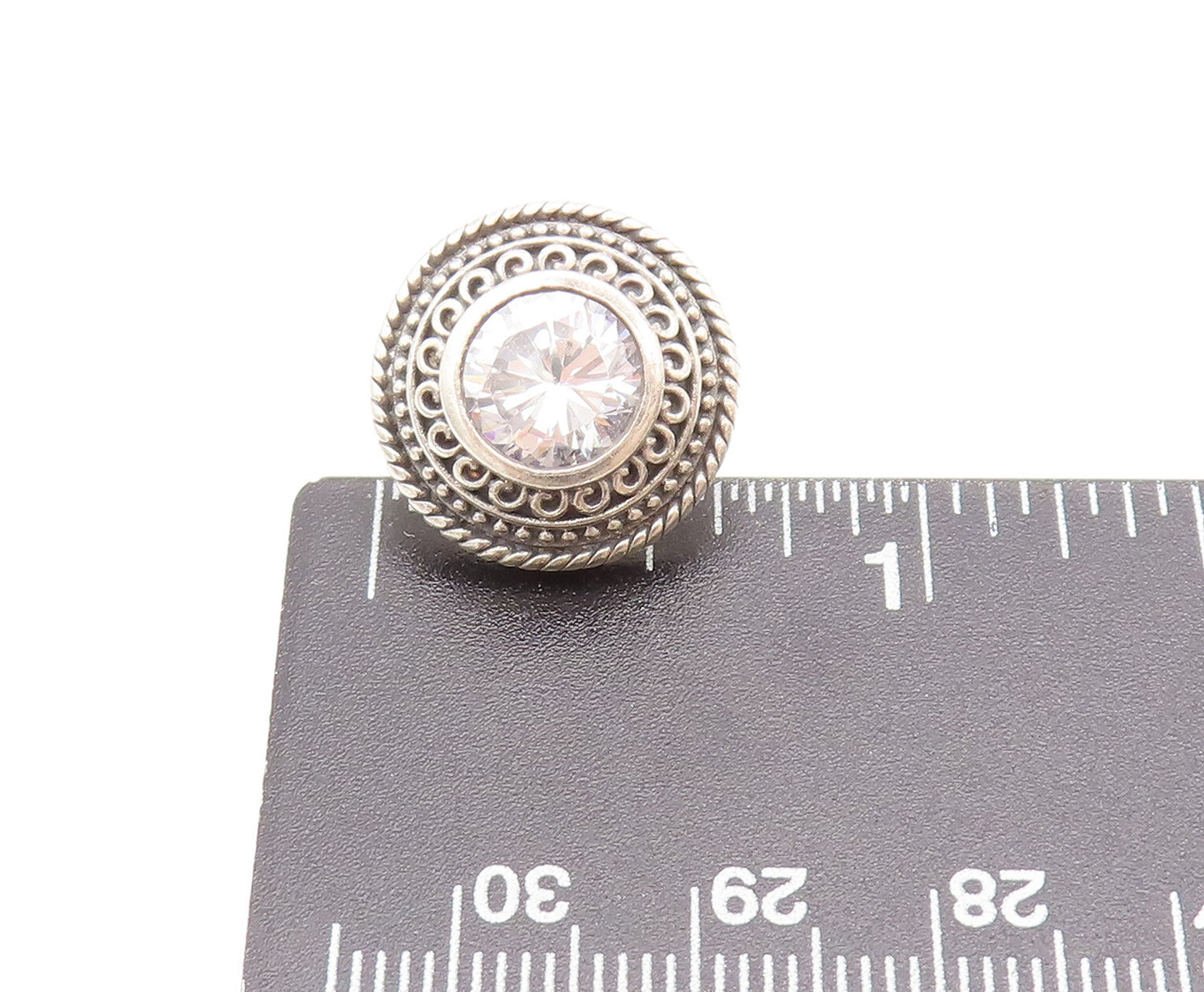 925 Sterling Silver  Vintage Swirly Rope Carved Round CZ Earrings  EG12784