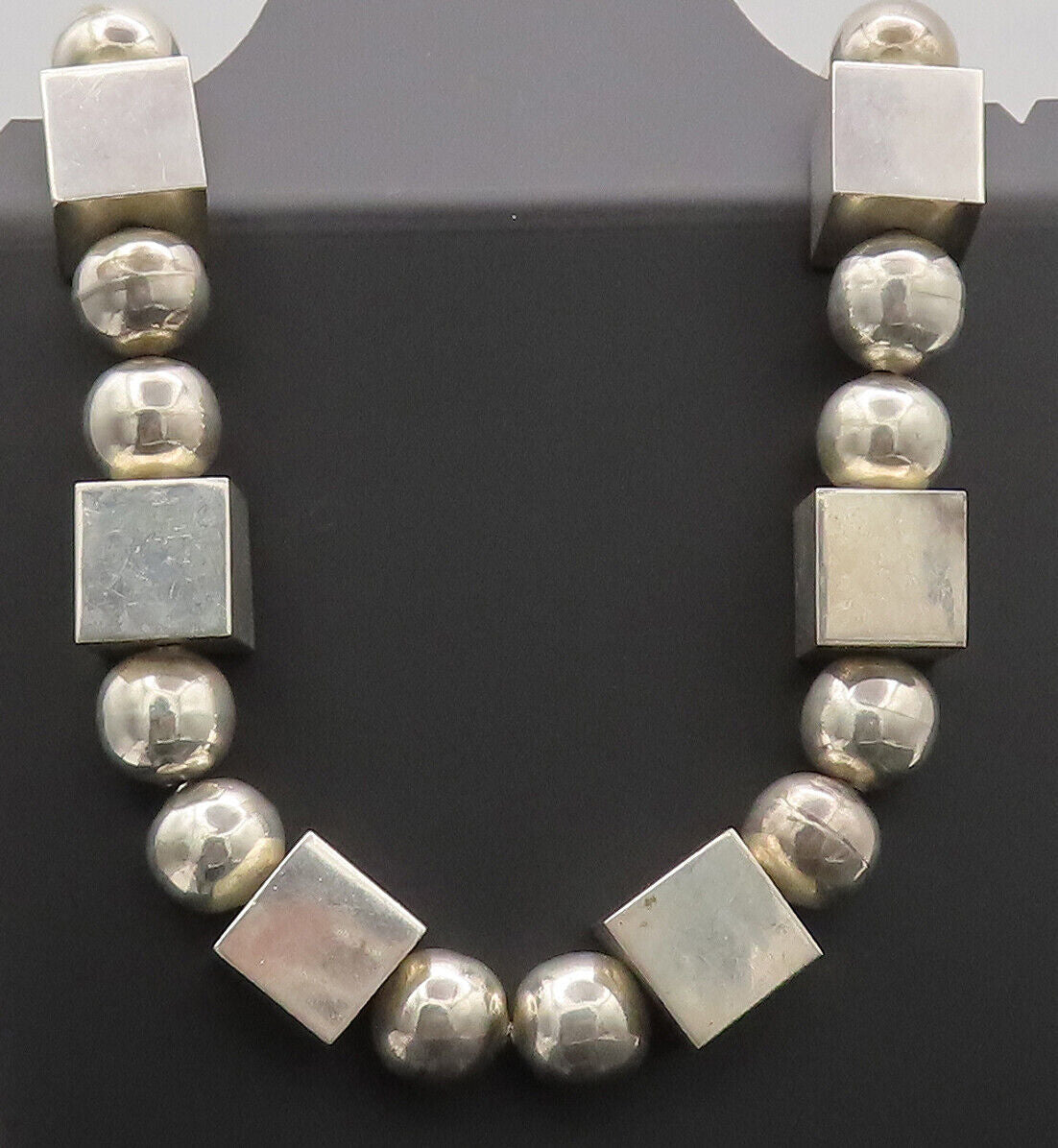 925 Sterling Silver Vintage Necklace MEXICO Brutalist Cuboid Sphere Heavy NE4225