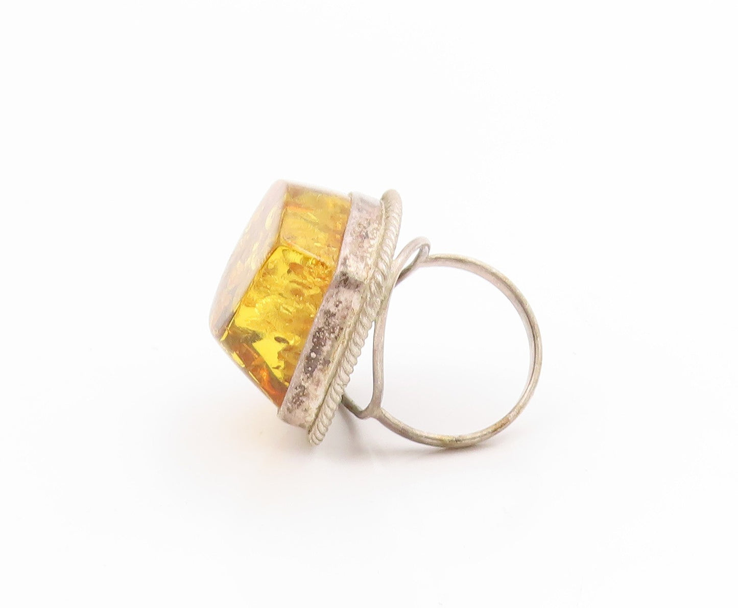 925 Sterling Silver Vintage Ring Baltic Honey Amber Cabochon Band  Sz 7  RG34426