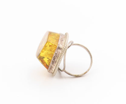 925 Sterling Silver Vintage Ring Baltic Honey Amber Cabochon Band  Sz 7  RG34426