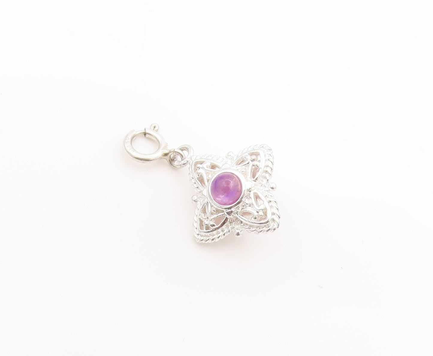 925 Sterling Silver Vintage Pendant Purple Amethyst Haze Cut Out Charm  PT24956